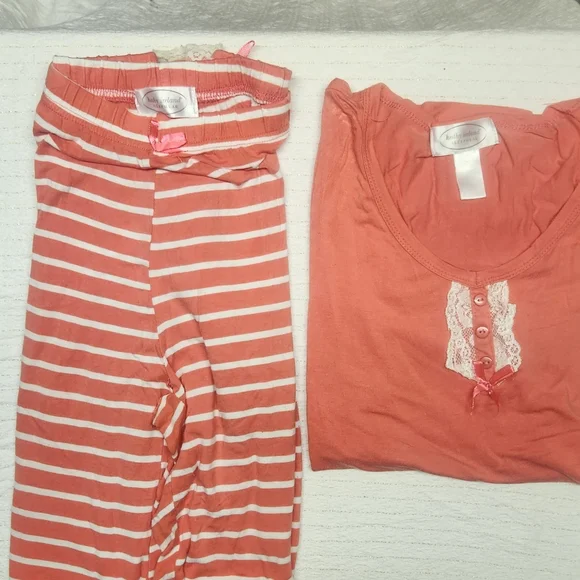 Kathy Ireland Sleepwear Coral and White Stripped wode Leg Pants & Tee Pajama Set - Picture 3 of 9